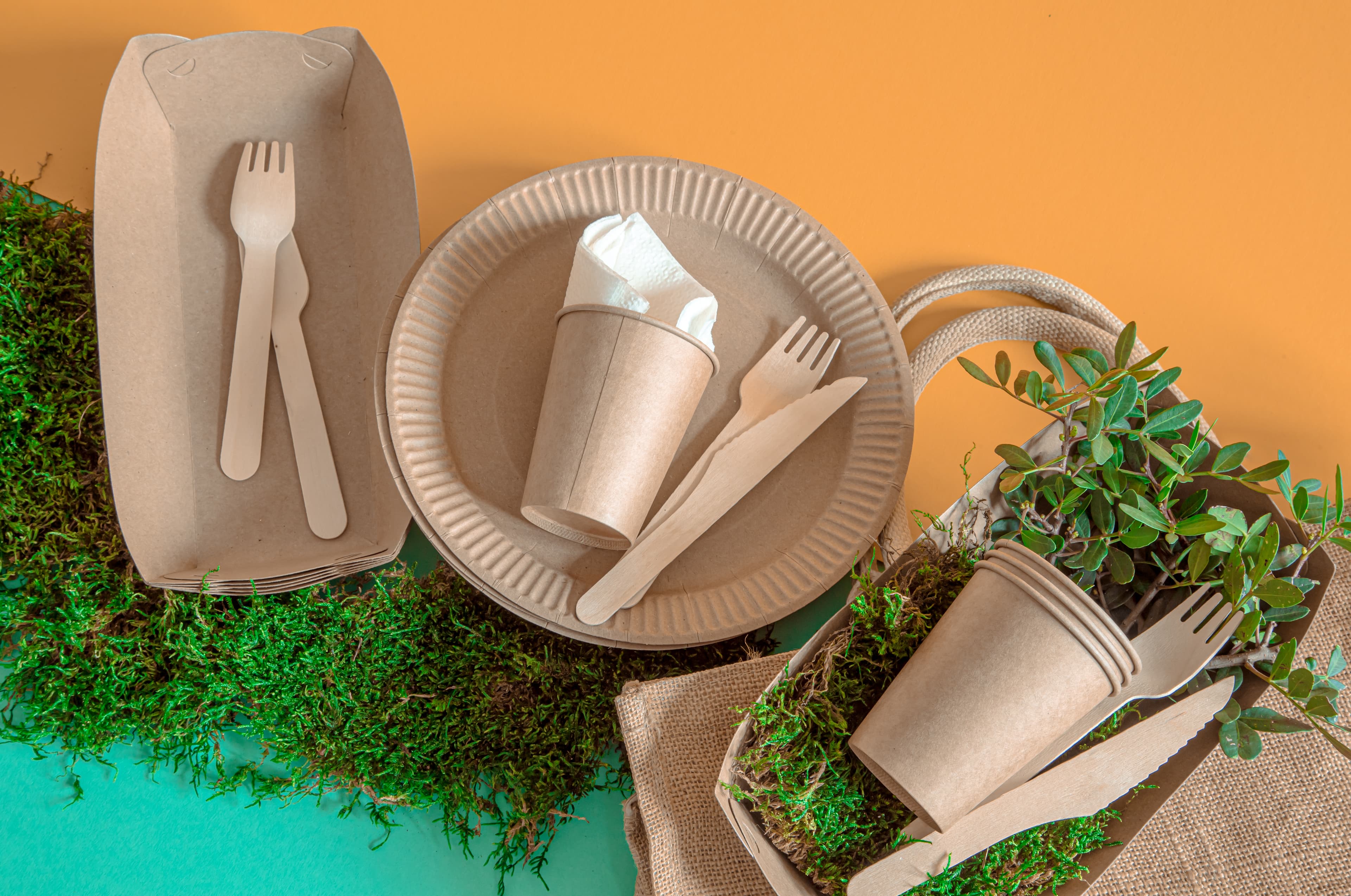 Eco-friendly tableware on wooden table